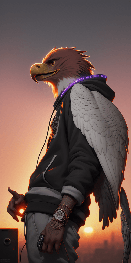 AI generated: (nvinkpunk:1.2) (snthwve style:0.8) DJ eagle, headphone, anthro, lightwave, sunset, intricate, highl...
