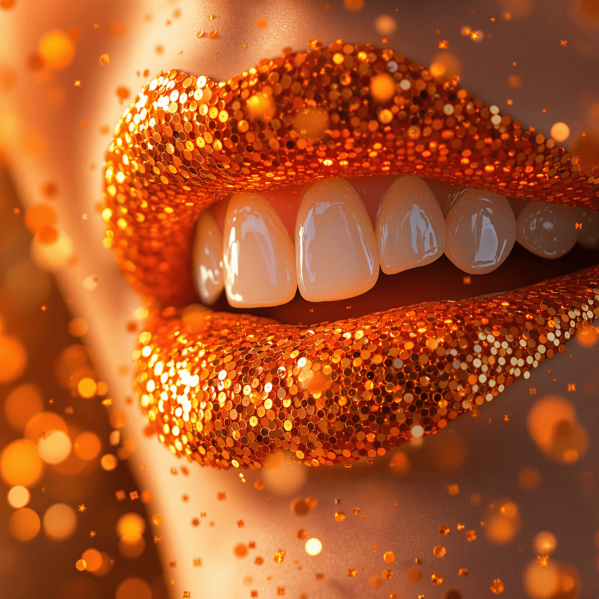 AI generated: photorealistic beautiful teeth with lips covered with orange sequins, sequins swirling in the backgr...
