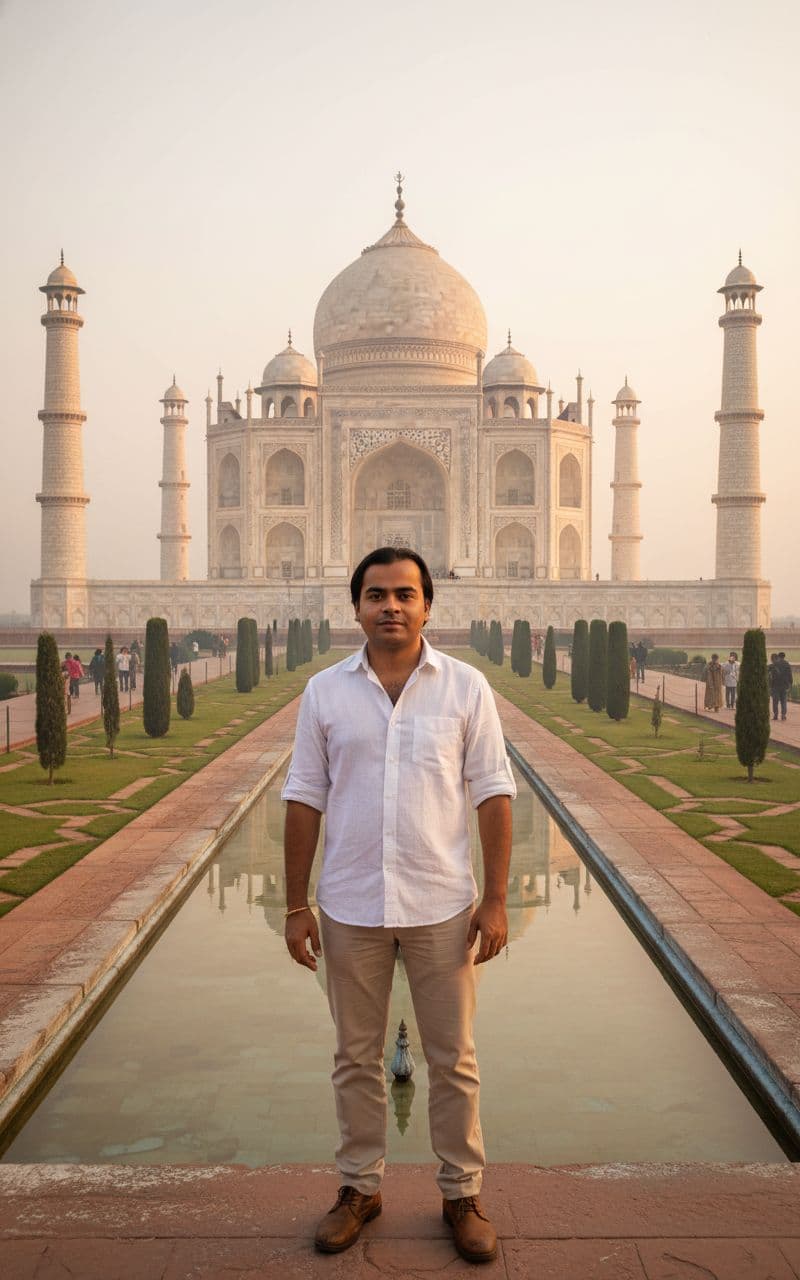 AI generated:  wide-angle shot of the Taj Mahal at sunrise, a man front of taj mahal, some people behind his  wear...