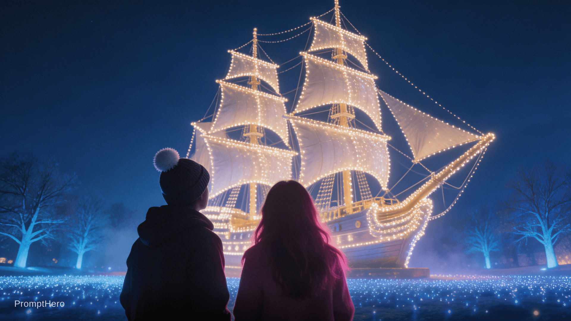 AI generated: A breathtaking winter night scene captured from behind two figures — one wearing a white pom-pom bea...