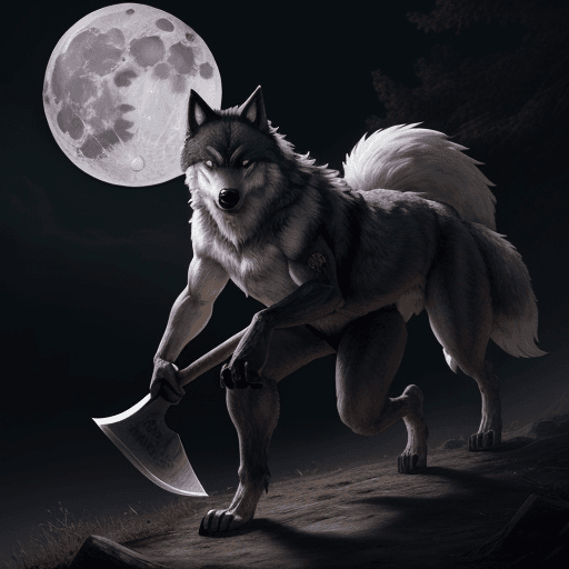 AI generated: a wolf wearing a blindfold over its eyes carrying a axe with a full moon behind him, hyper realistic...