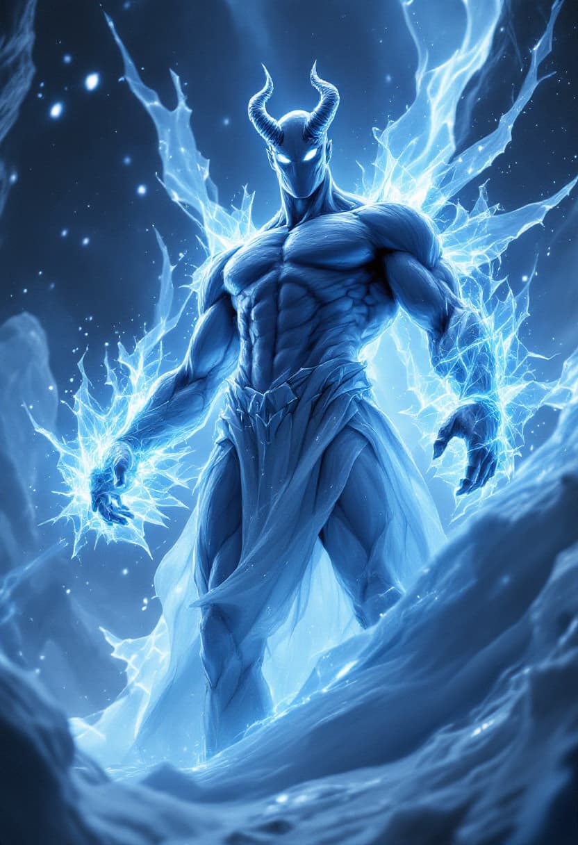 AI generated: God of Ice, full-body, Etherial, muscular, No mouth or hair, Glowing White eyes, epic, cinematic, 8k...