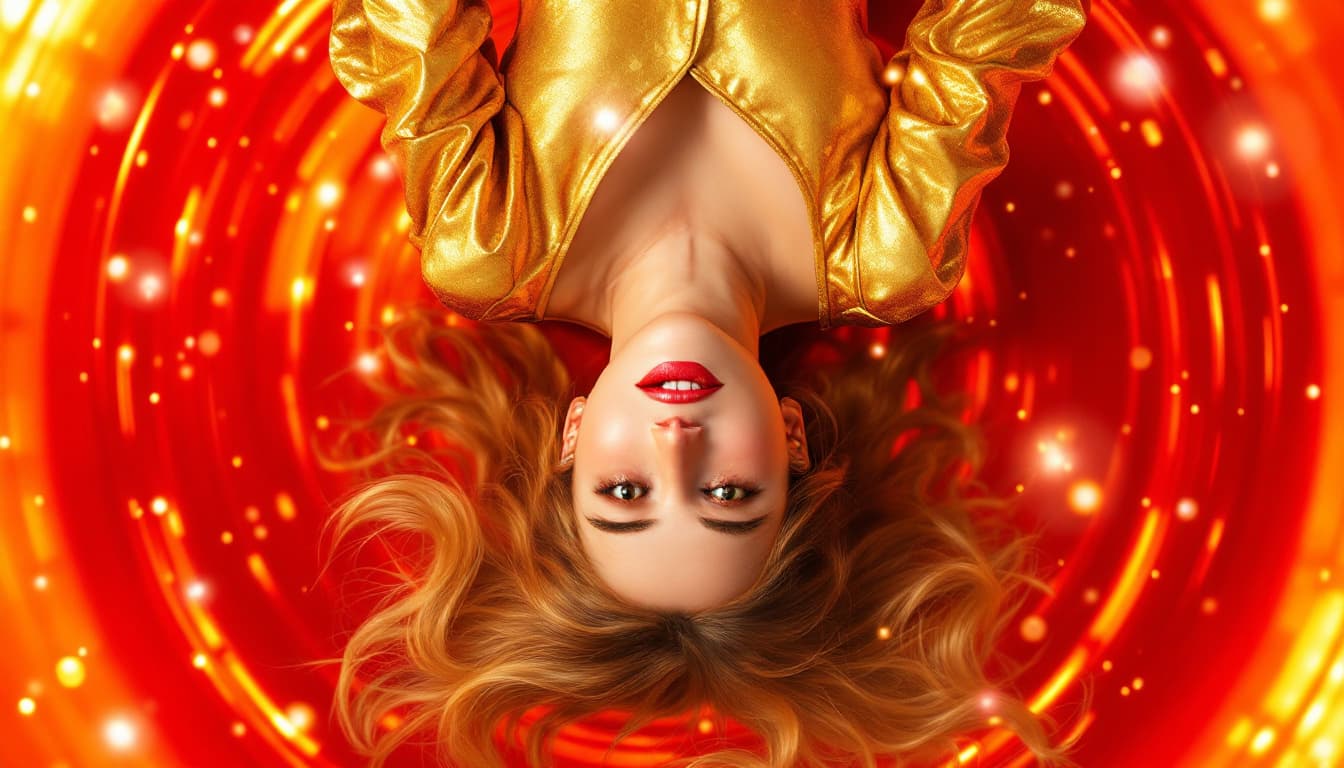 AI generated: reverse Shot: The golden-suited girl floats inverted from the red sphere, her stunning face serene. ...