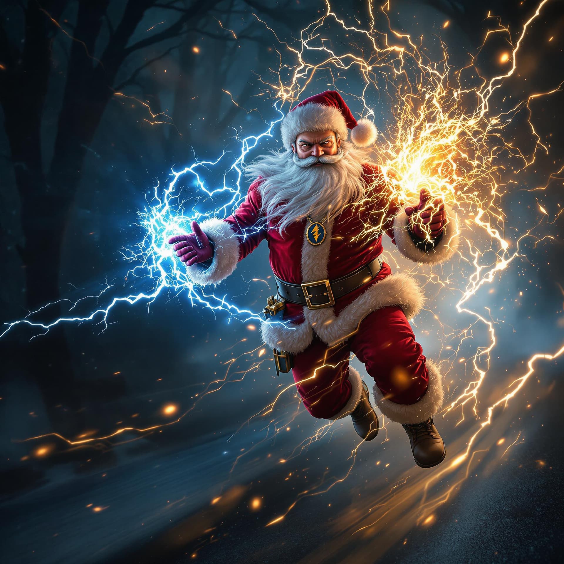 AI generated: an santa wearing red rocker clothes is depicted in an action pose, swirling thunder and lightning wi...