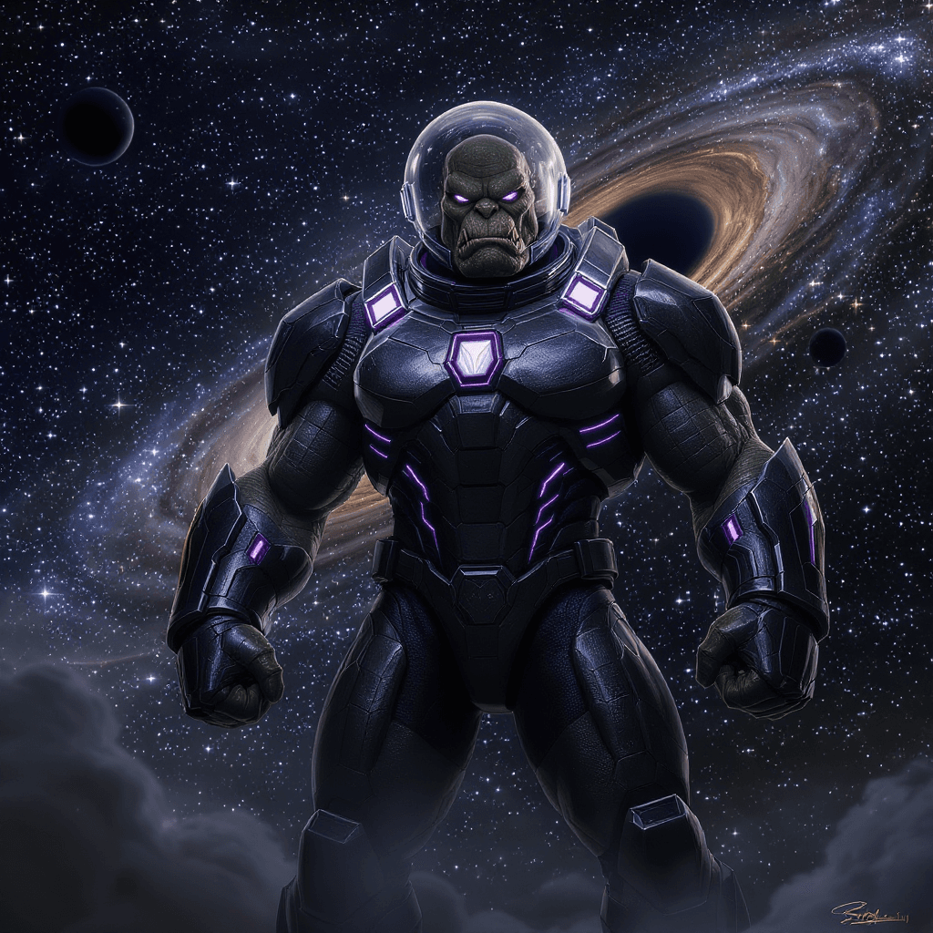 AI generated: orc in a space suit with helmet, gunmetal color with purple accents, aggressive posture, spacefaring...