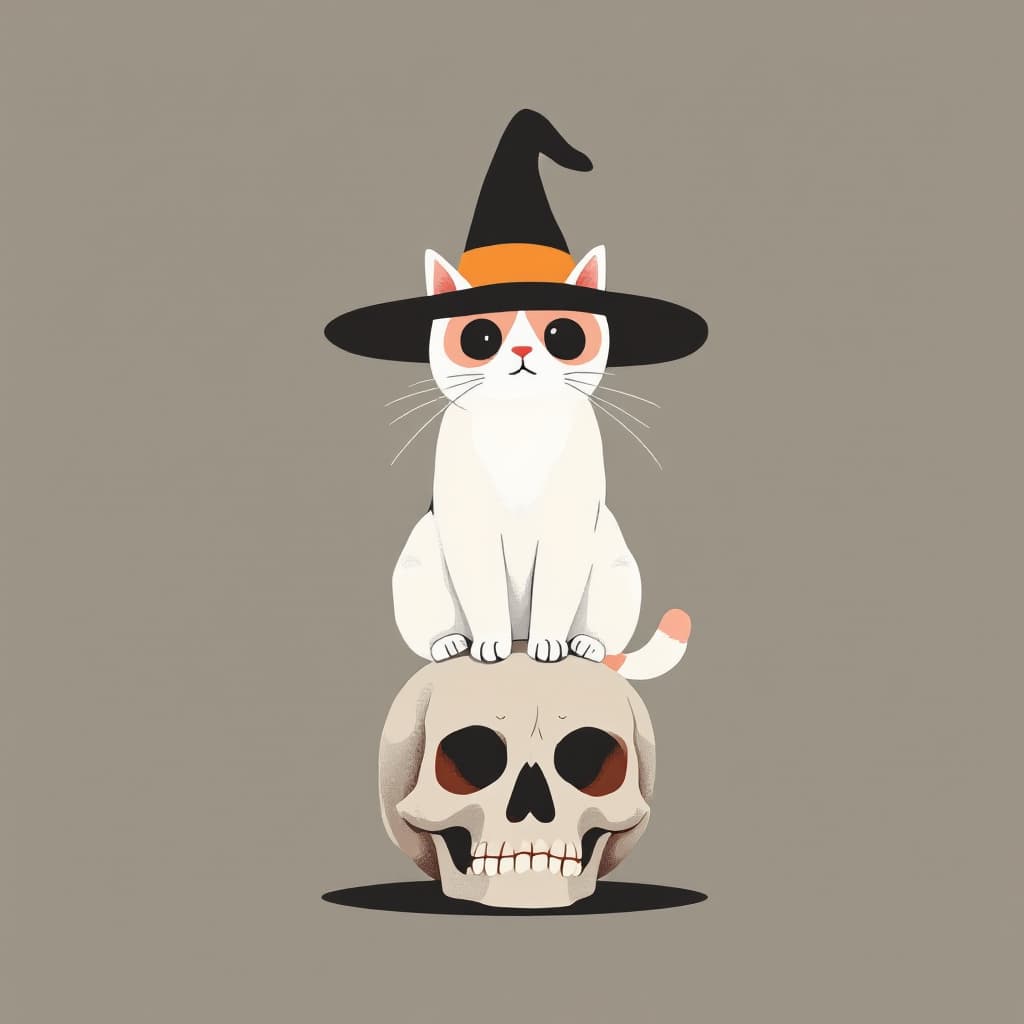 AI generated: A flat illustration of a cat wearing a witch's hat and sitting on the skull, minimalist, warm, utili...