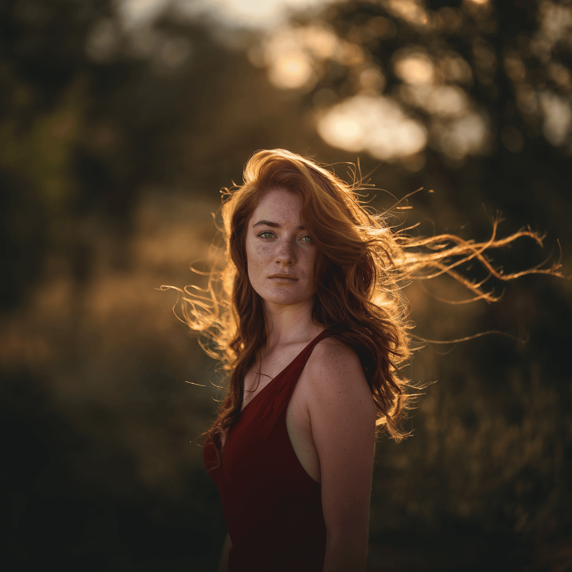 AI generated: Realistic portrait of a woman with flowing auburn hair, wearing a crimson dress that complements her...