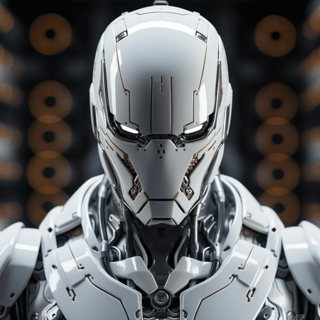AI generated: an image of a white robot with mask, in the style of cyberpunk imagery, shiny/glossy, video montages...