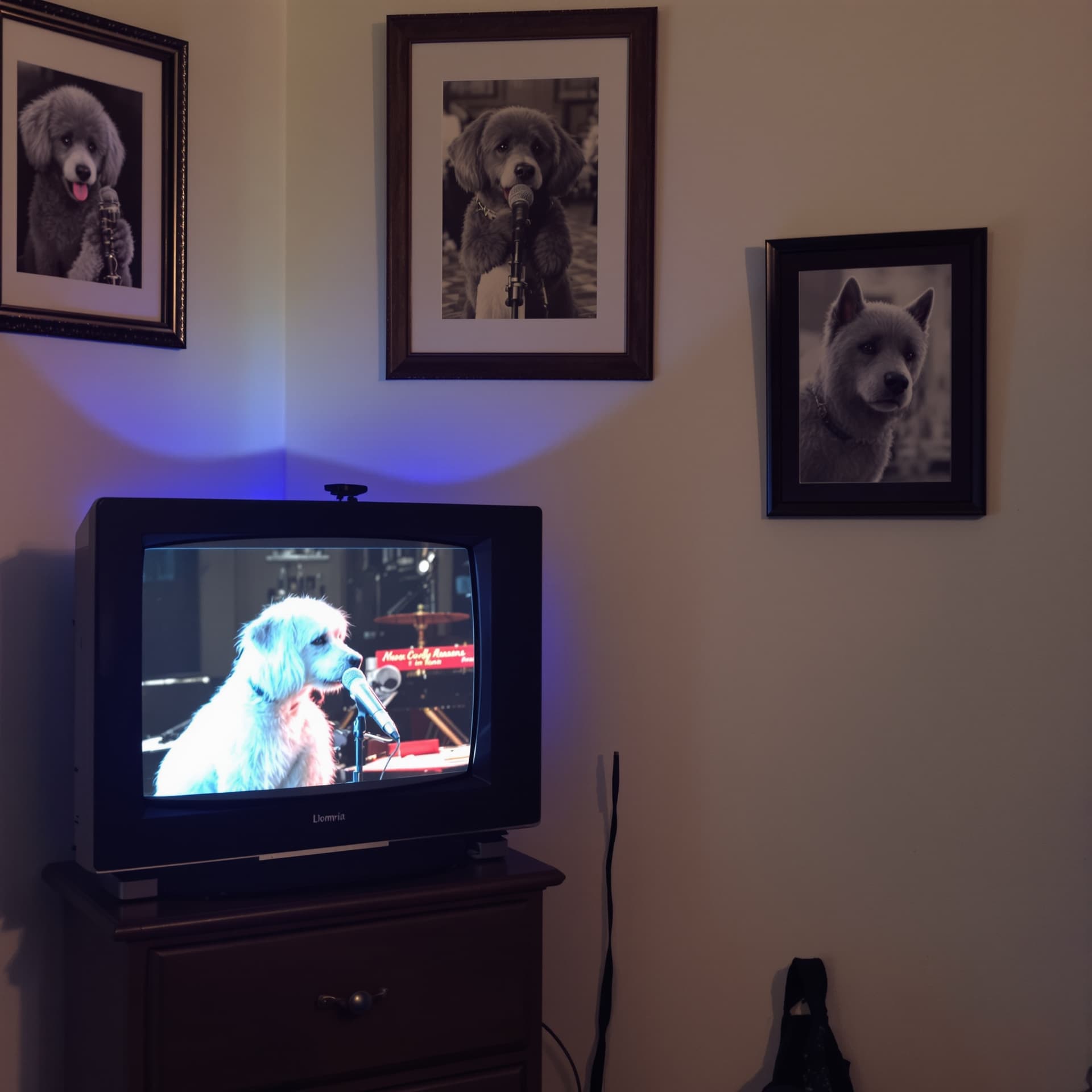 AI generated: A small black television is turned on, close to the frame, centered in the frame. The television is ...