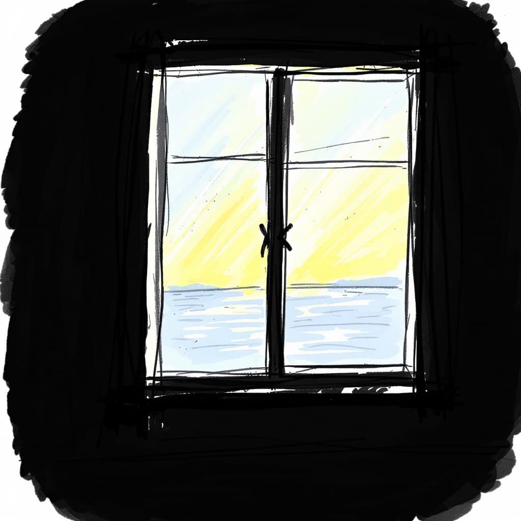 AI generated: A simple, hand-drawn sketch of a window at sunrise—soft light spilling quietly into the room.