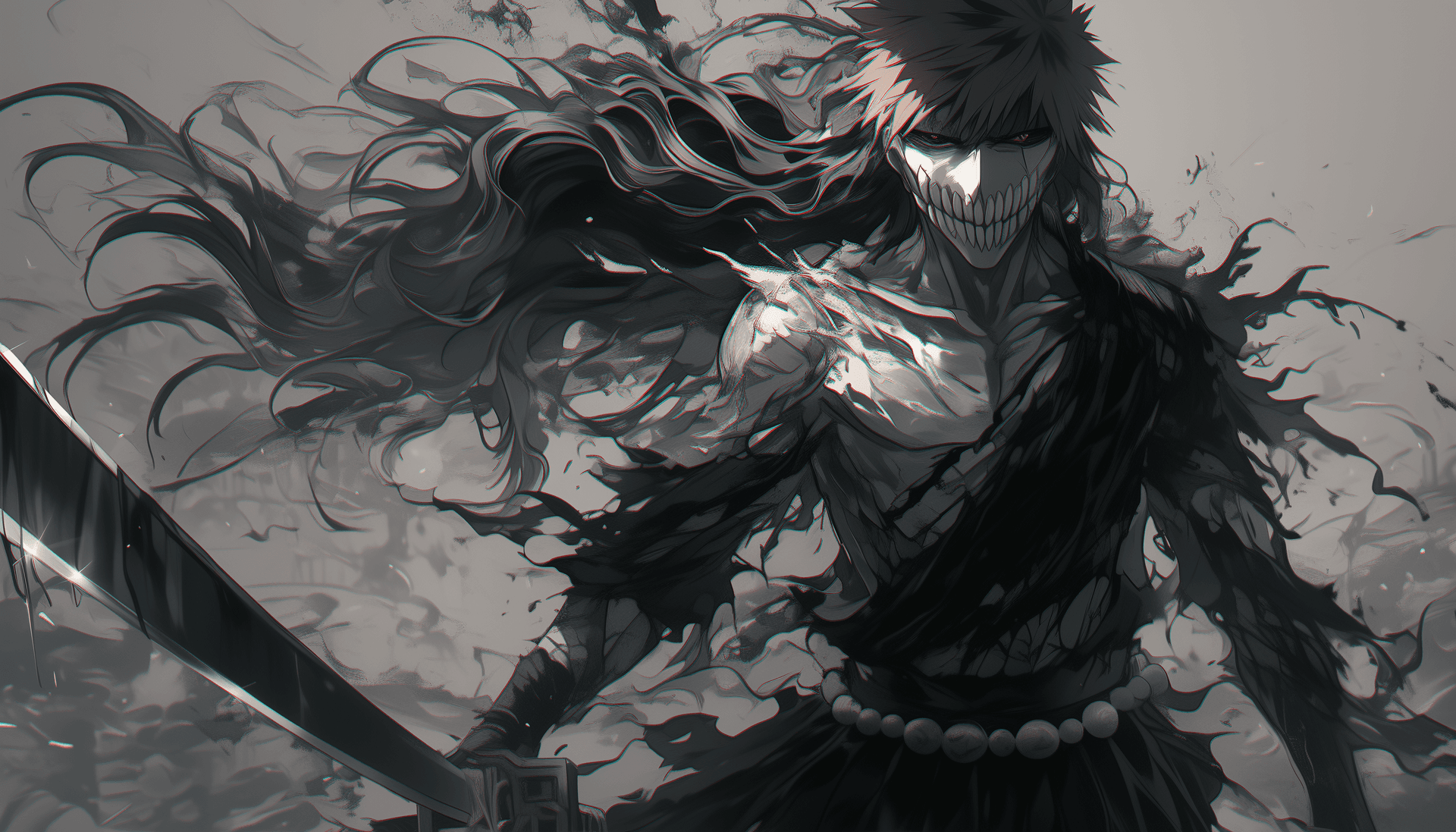 AI generated: A majestic Kurosaki Ichigo from Bleach anime. In Final Bankai form. Full body. He wears a white brok...