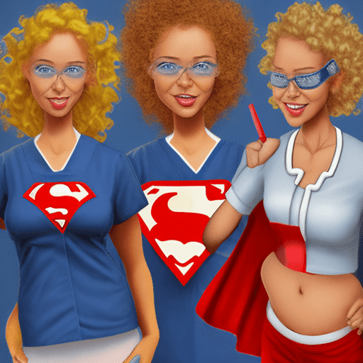 AI generated: Superhero, nurse, woman, surrounded by fire, nurse clothes, blonde curly hair.