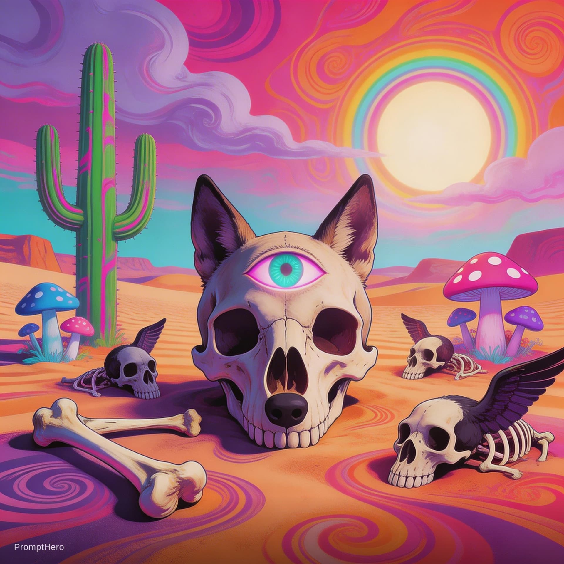 AI generated: a desert with coyote skull with 3rd eye still attached in the middle of it's forehead, cactus, vultu...
