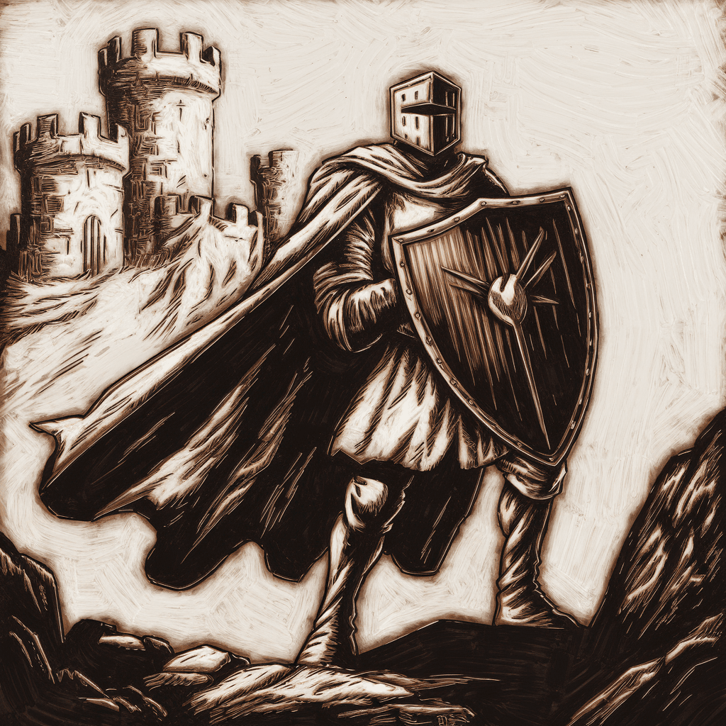 AI generated: a drawing of a knight with shield and cloak, in the style of adventure pulp, dark white and bronze, ...
