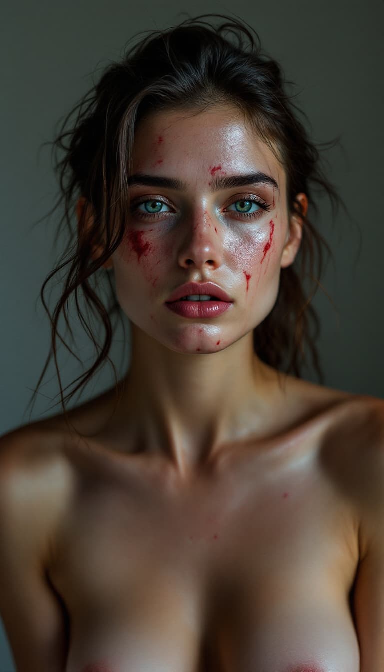 AI generated: high-resolution photograph, woman, ugly scar in the face, exposed body,  stunning use of shadows, in...