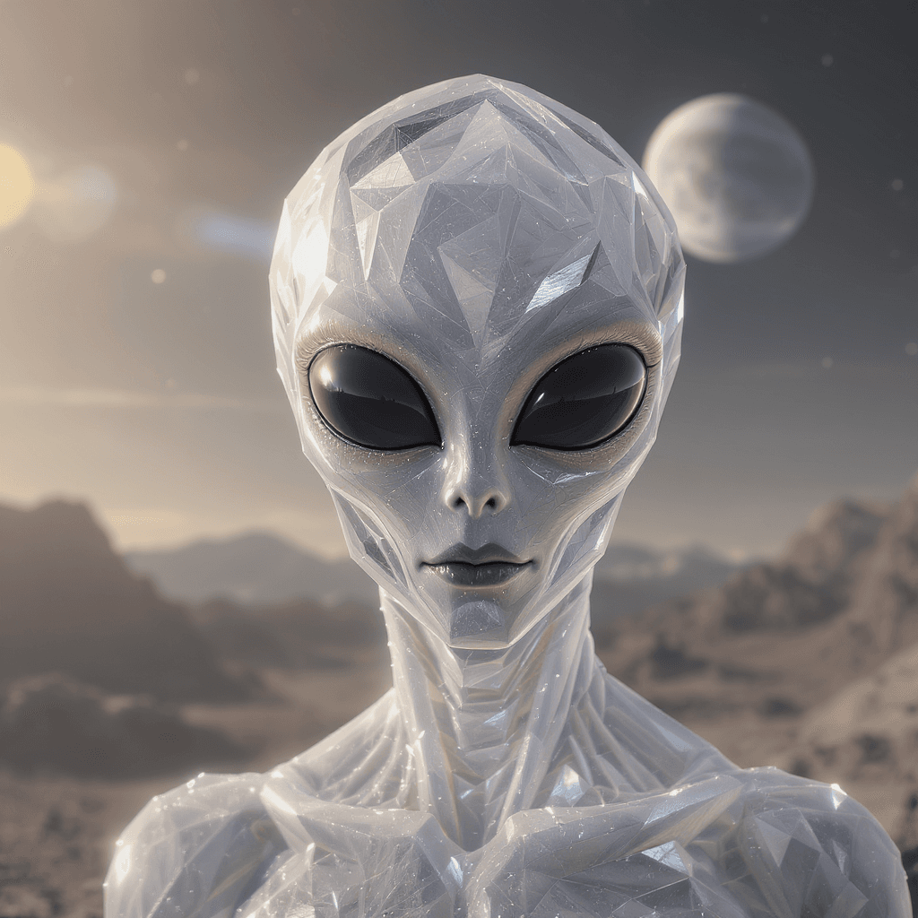 AI generated: an alien made of crystal::2 big shiny black eyes, soulful eyes::planet in the background --v 4 --q 2...