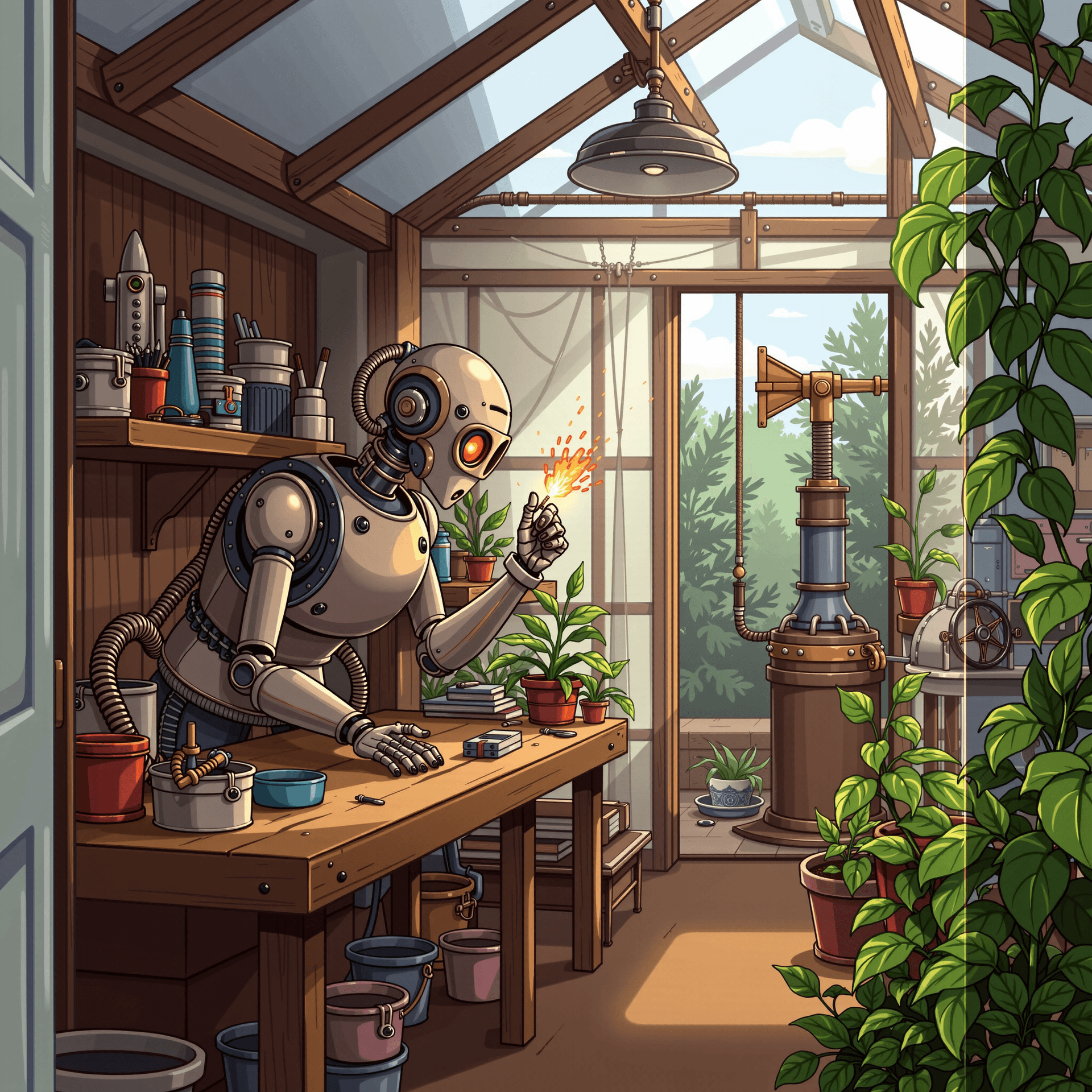 AI generated: A robot workshop nestled in a greenhouse, mechanic focused with quiet dedication, sparks and nature ...