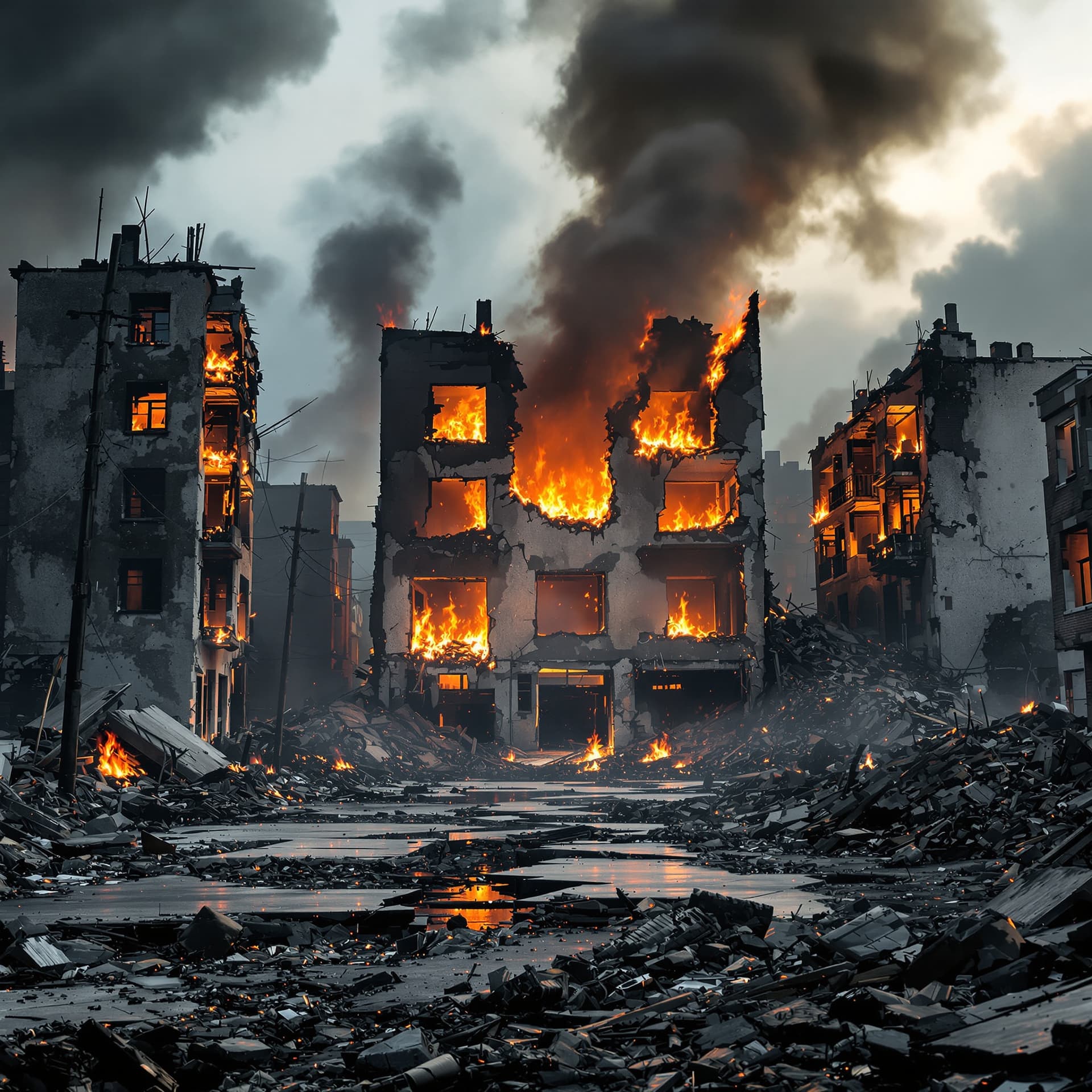 AI generated: front view of an urban neighborhood destroyed with walls missing, THE BUILDINGs are CRUMBLING AND EN...