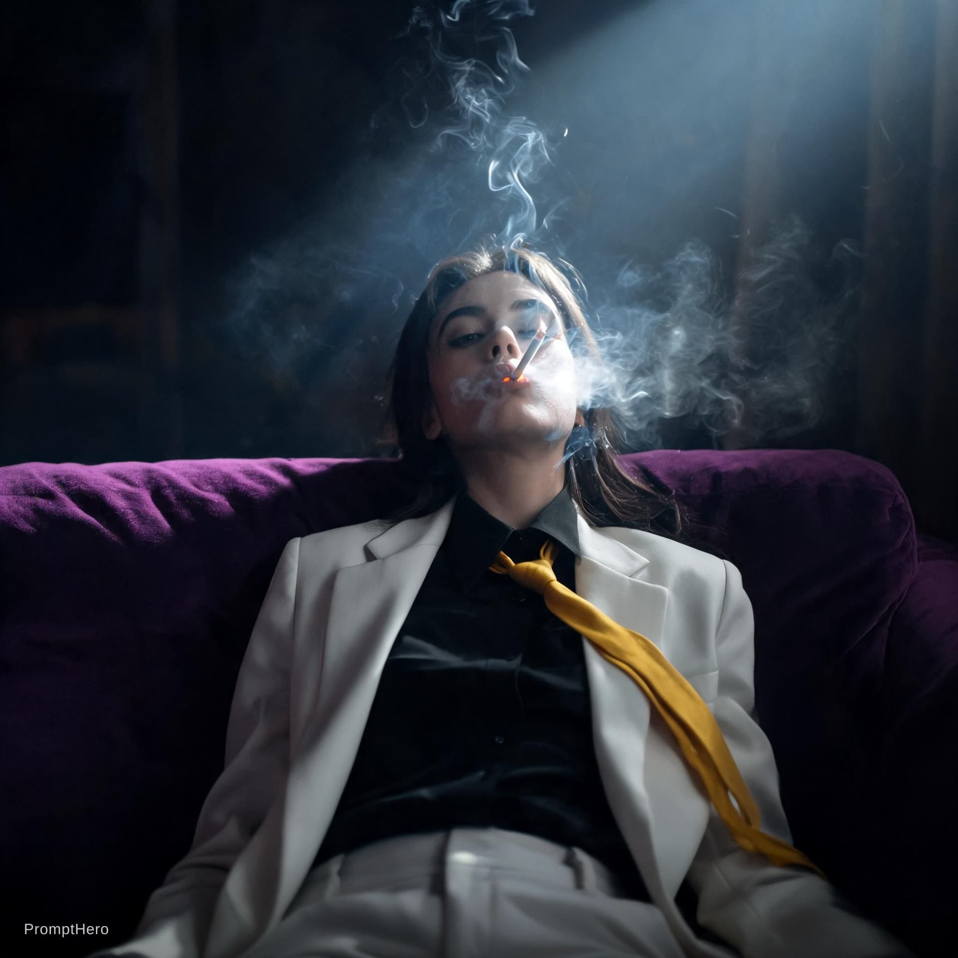 AI generated: snapshot, dimly lit room with a hazy atmosphere, capturing a female model lounging on a deep purple ...