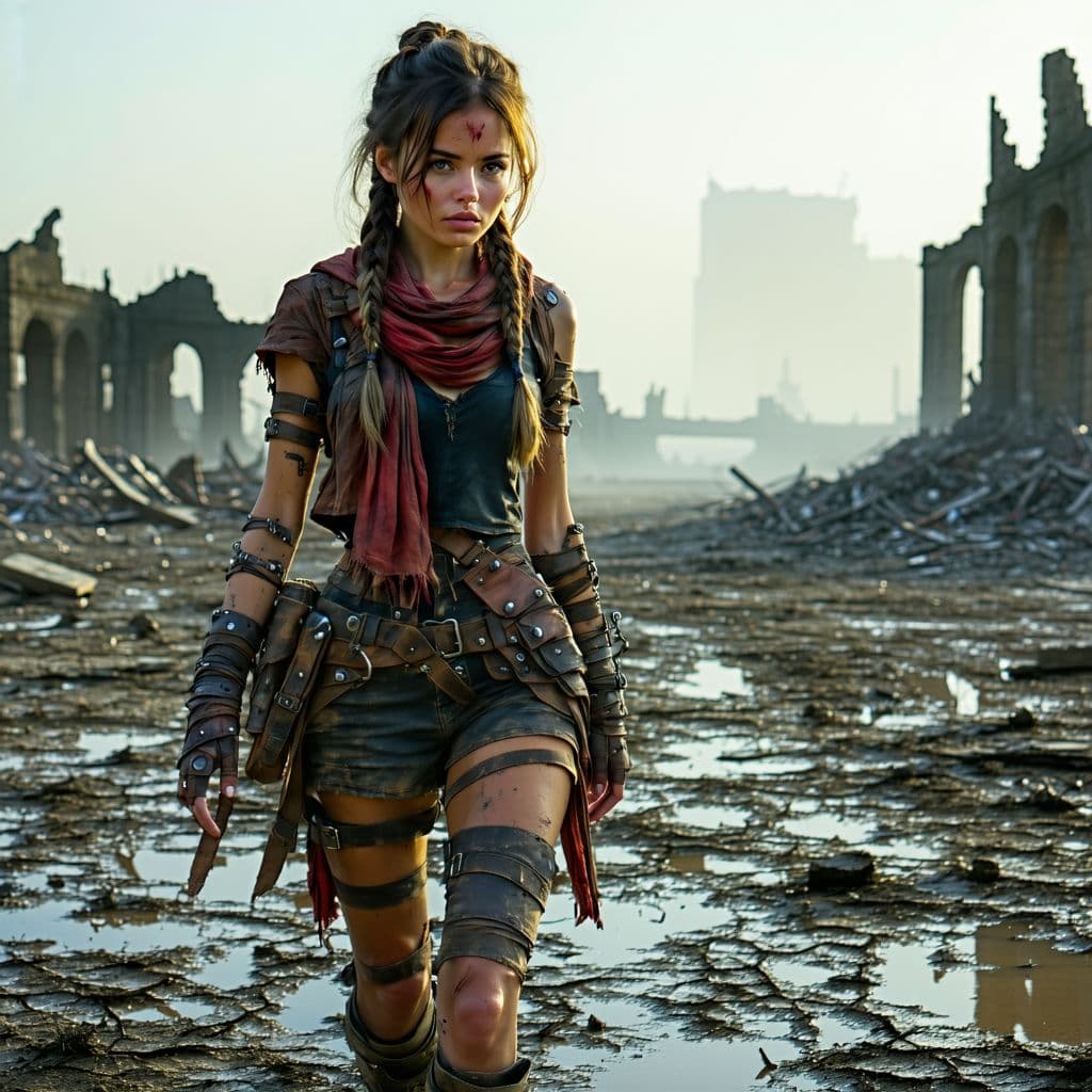AI generated: A resilient wasteland scout, with weathered skin, a determined gaze and hair braided with found obje...