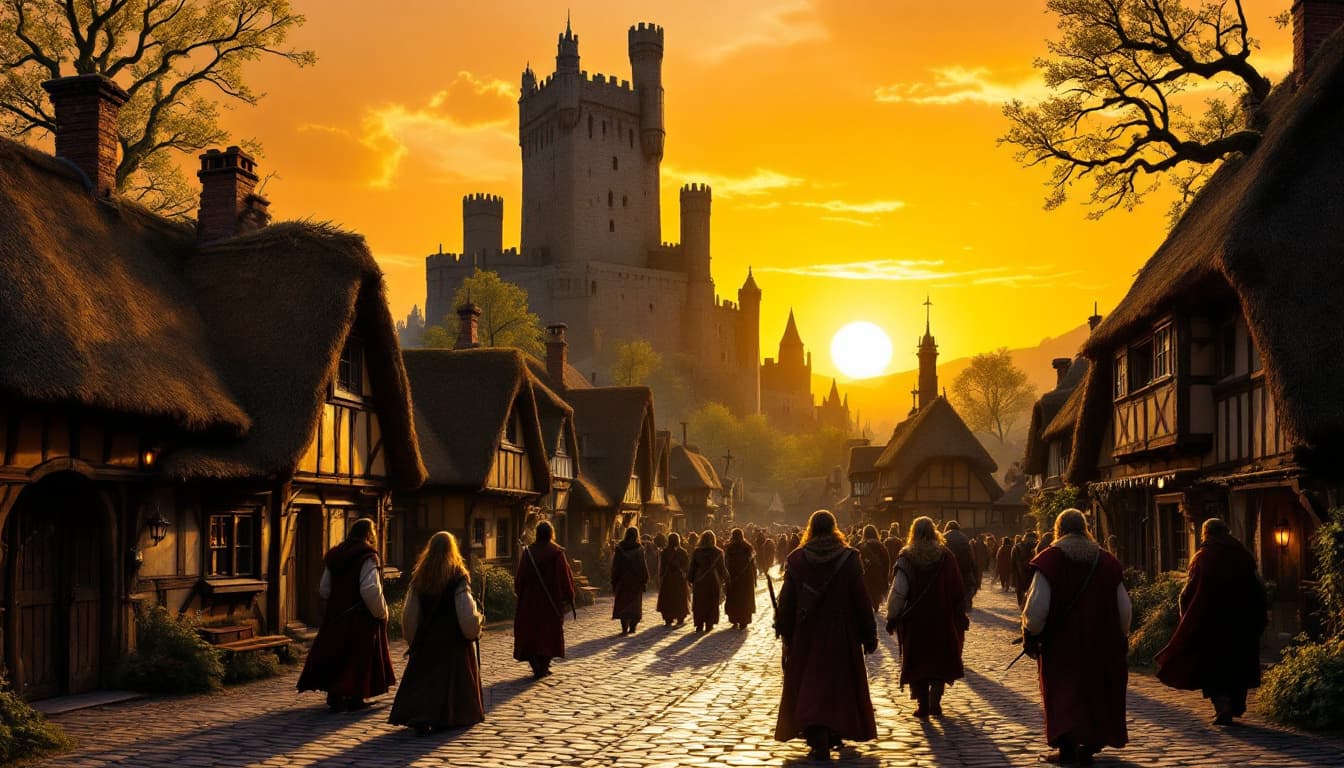 AI generated: a medieval-style village at sunset, with a castle in the background. The village is made up of sever...