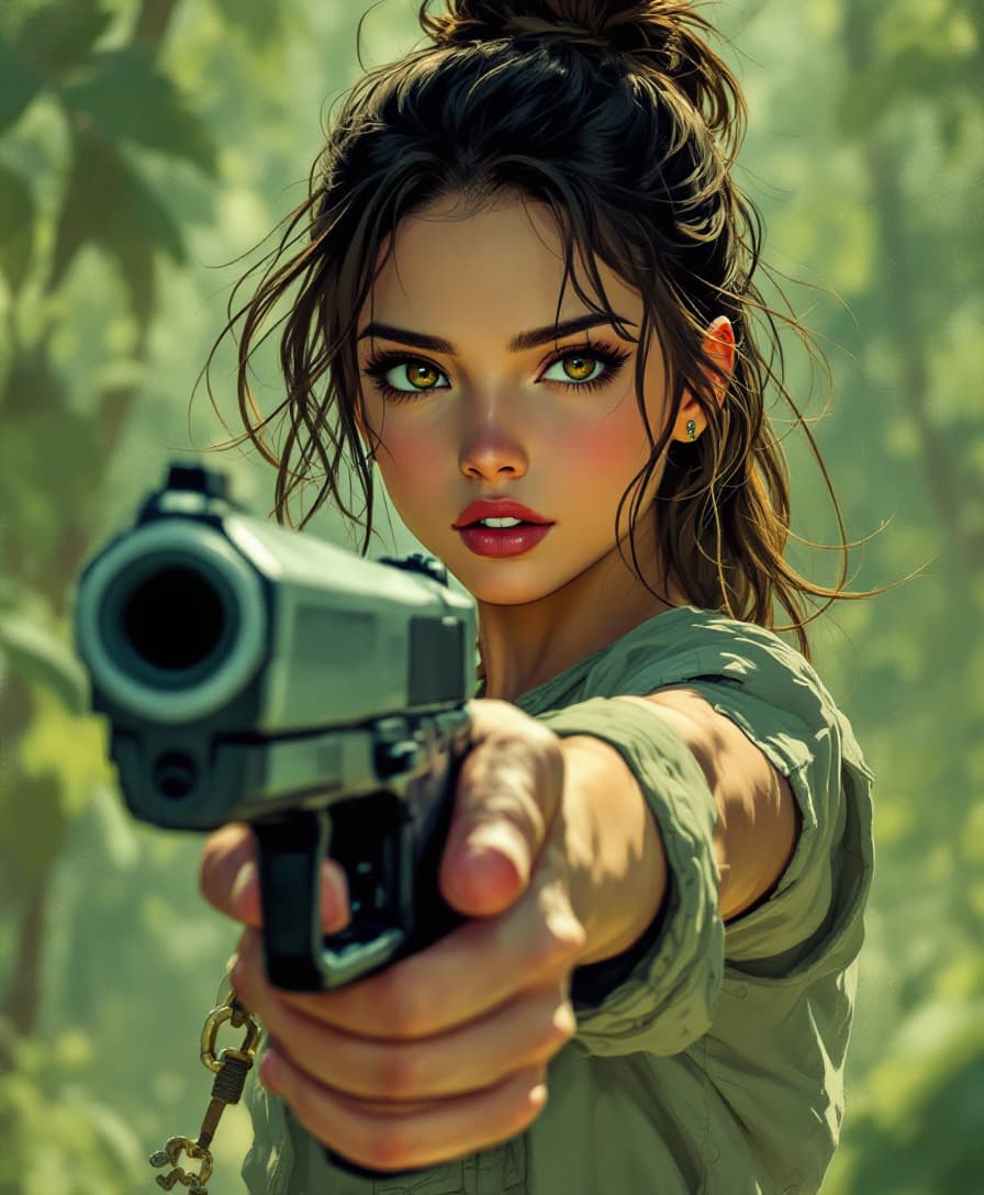 AI generated: a girl holding a gun in her hand, in the style of anime art, light brown and green, strong facial ex...