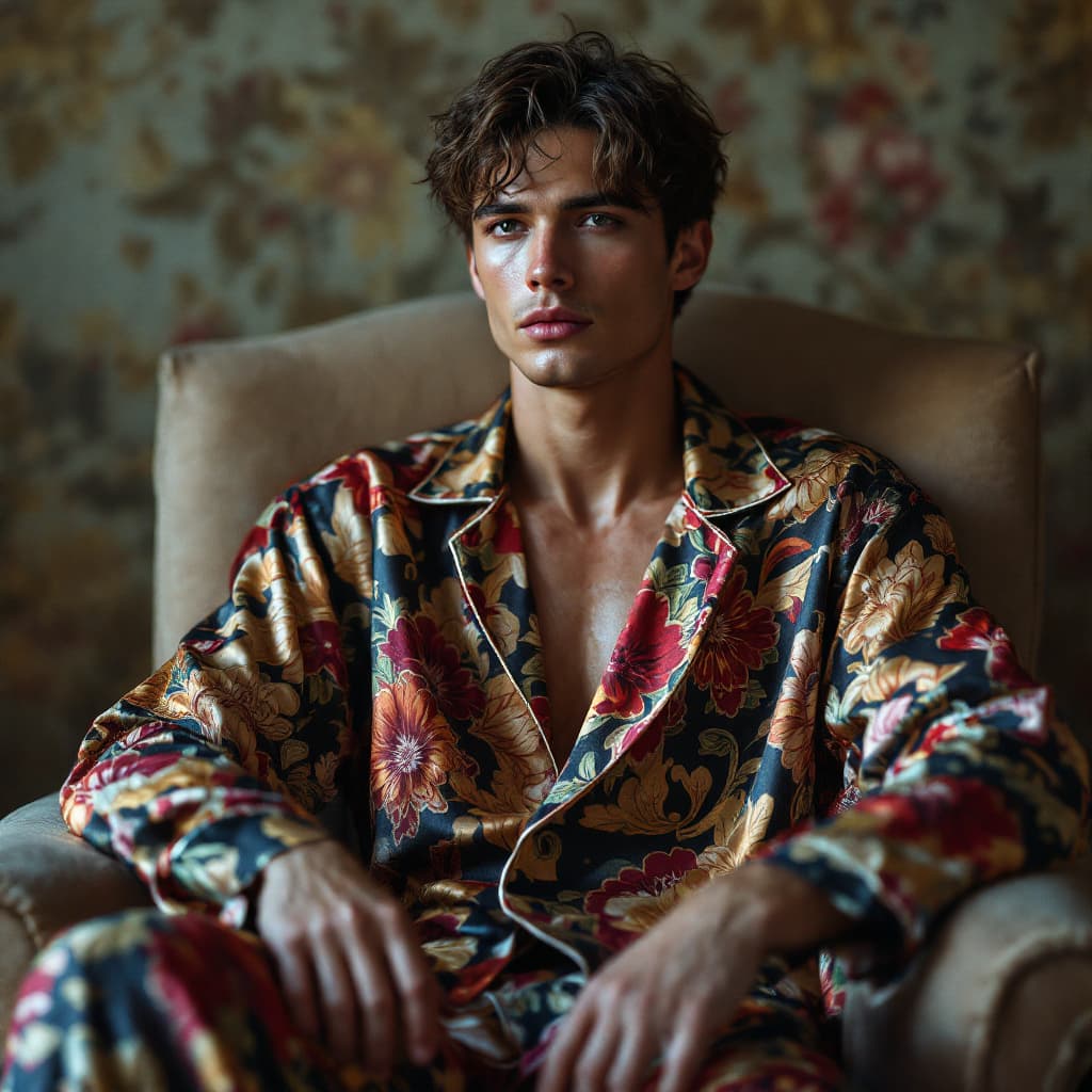 AI generated: Close up portrait of a Ultra Beautifull european sitting on an armchair, wearing silk pajamas in a r...