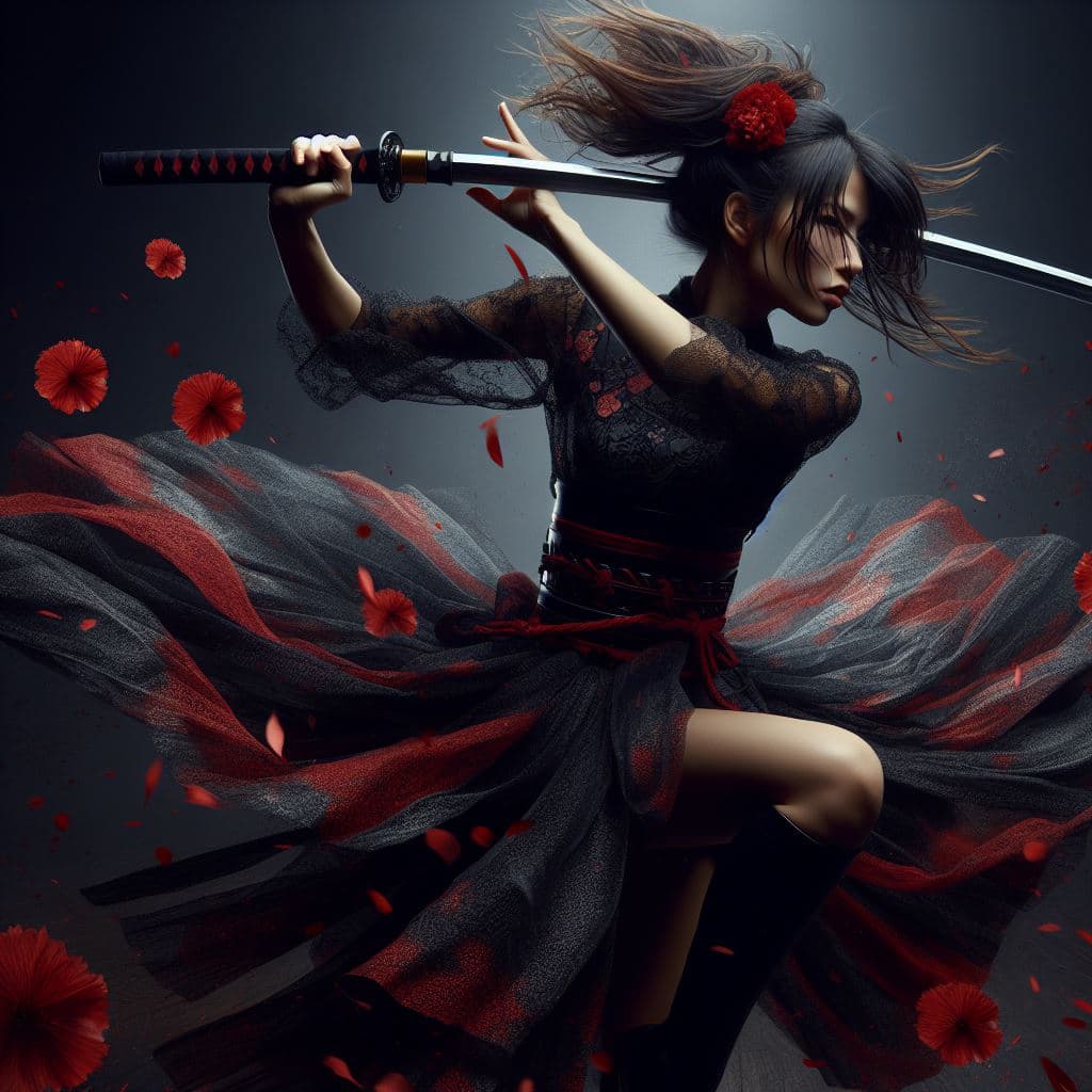 AI generated: This is a highly detailed CGI image of a fierce, dark-haired woman with an athletic build, wearing a...