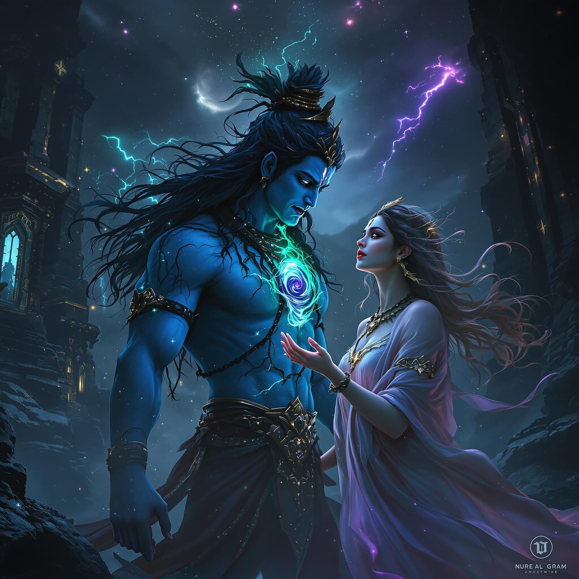 AI generated: Lord Shiva:
In this scene, Lord Shiva is depicted with a powerful, almost otherworldly presence. His...