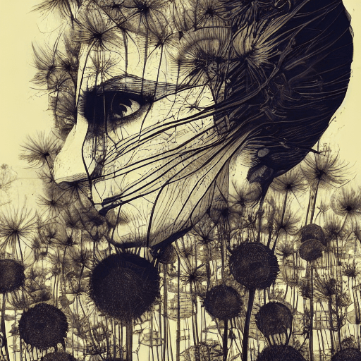 AI generated: A bee on a dandelion, by Simon Prades, Dan Mumford, agnes cecile, Junji ito, double exposure collage...