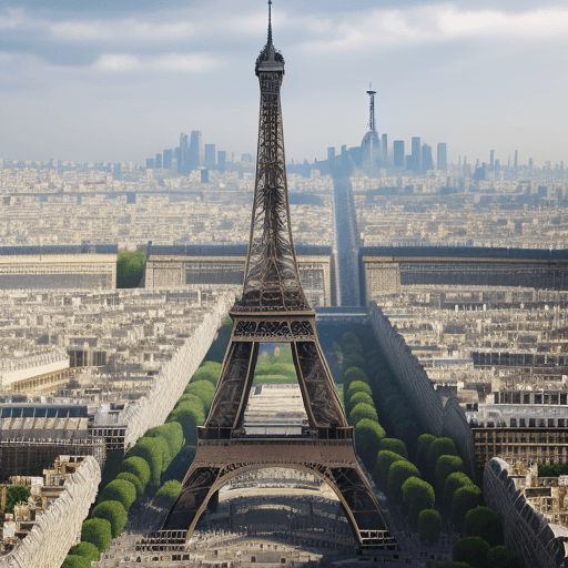 AI generated: dense market with eiffel tower in background
