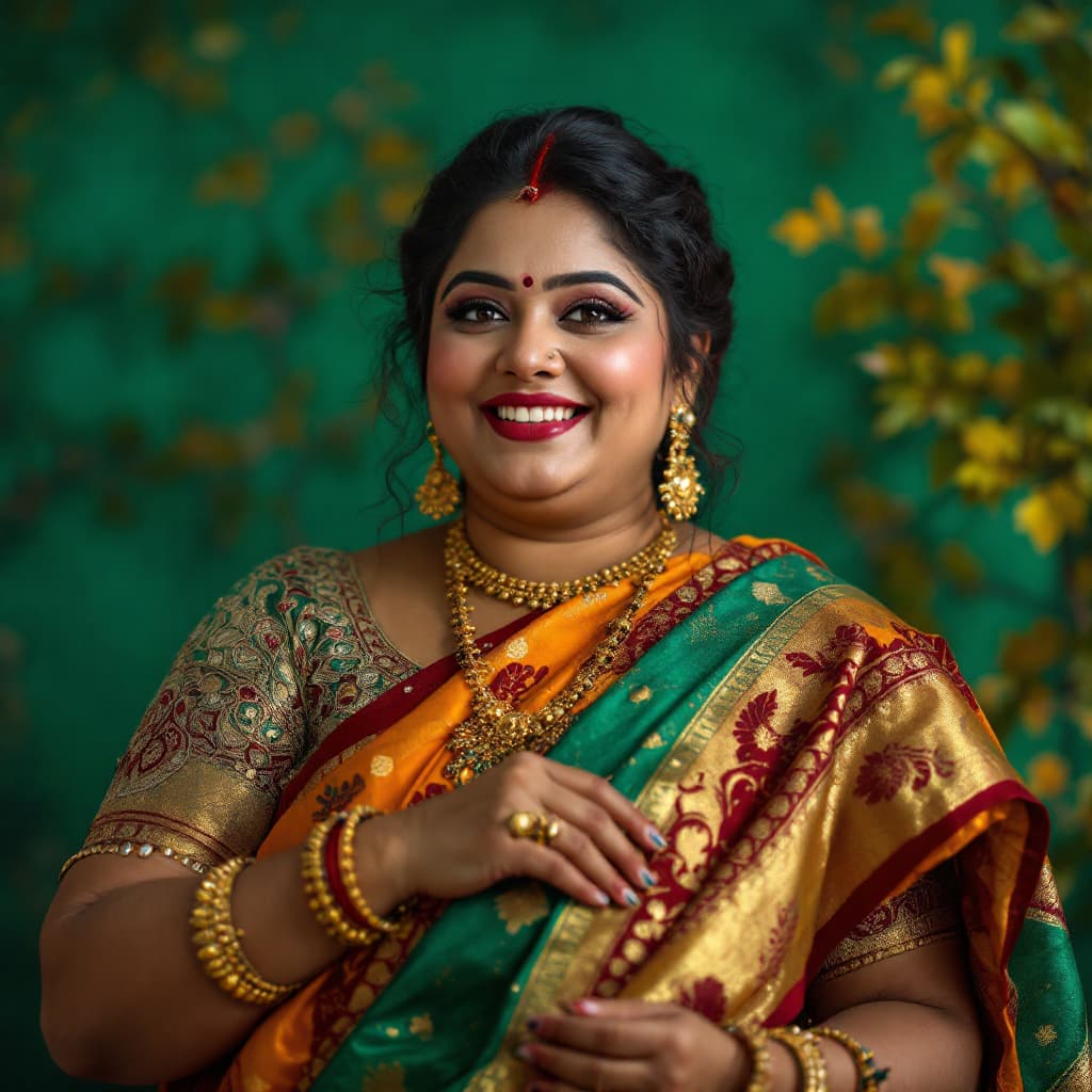 AI generated: a beautiful Tamil overweight women in saree,women similar to actress meena, in the style of light re...