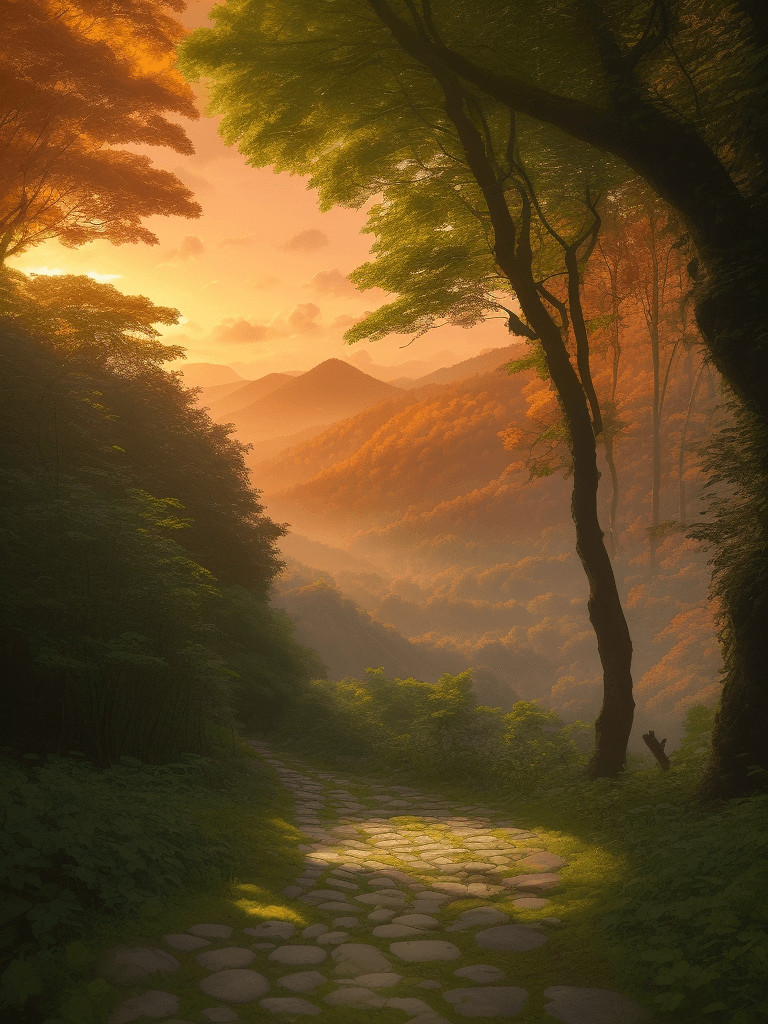 AI generated: A vibrant and lush forest scene with sunlight filtering through dense green leaves, creating a warm ...