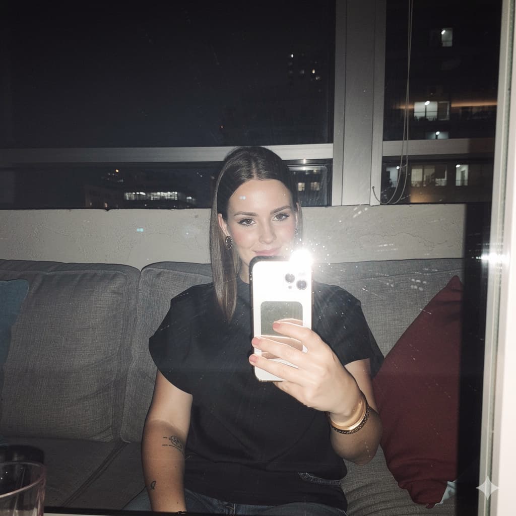 AI generated: Using the uploaded reference photo, create a standard iPhone selfie with flash. There's no clear sub...