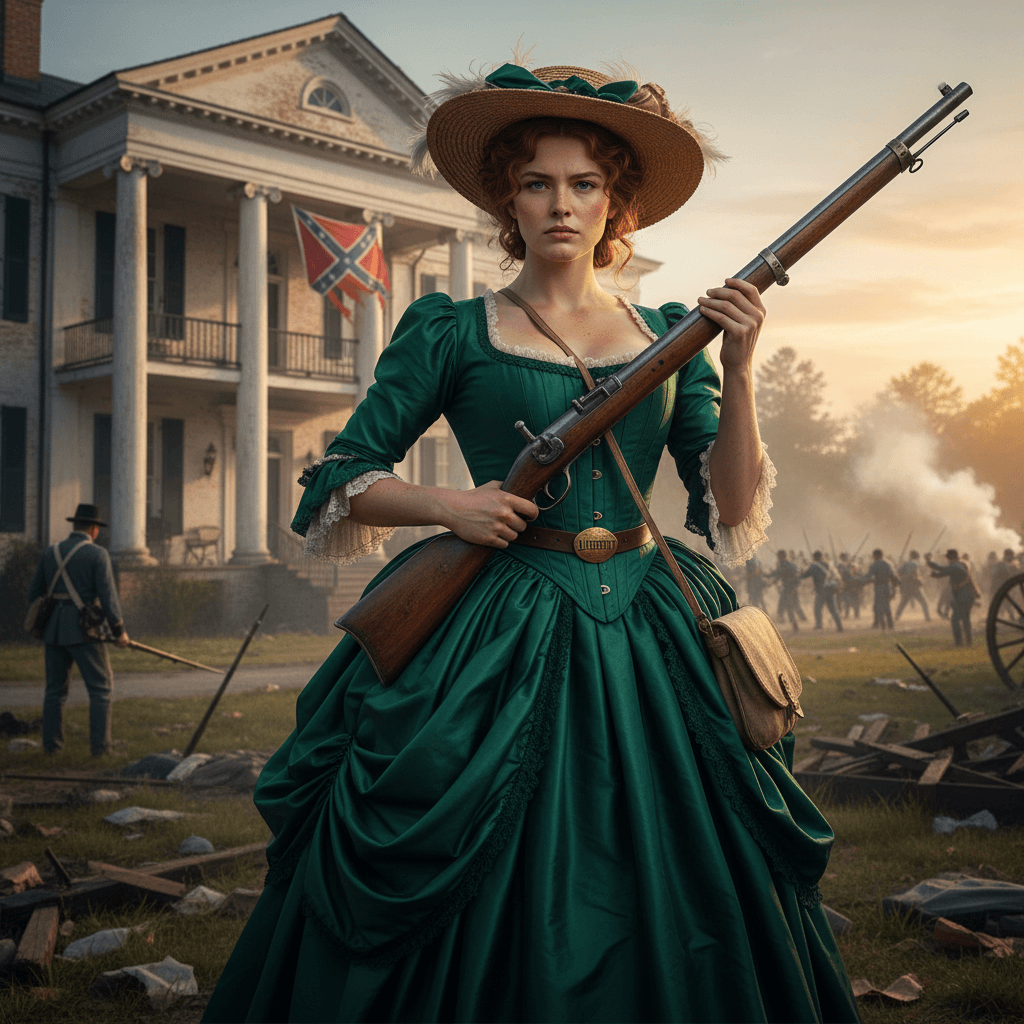AI generated: A beautiful Southern Belle posing in front of an antebellum mansion during the Civil War. she is hol...