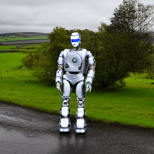 AI generated: Joan McLernan, robot costume, Irish countryside, realistic, raining, 8k