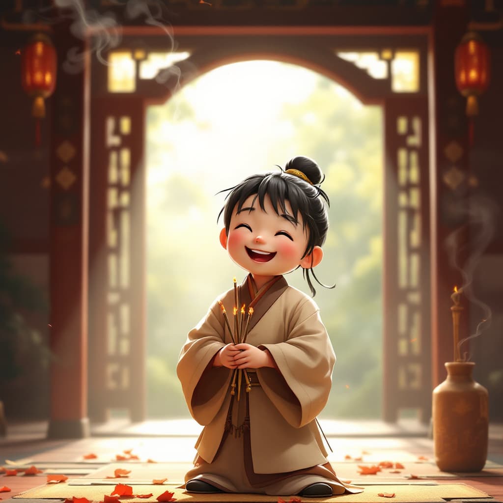 AI generated: A Japanese rendering of an animation depicting a young Chinese Taoist priest, holding three sticks o...