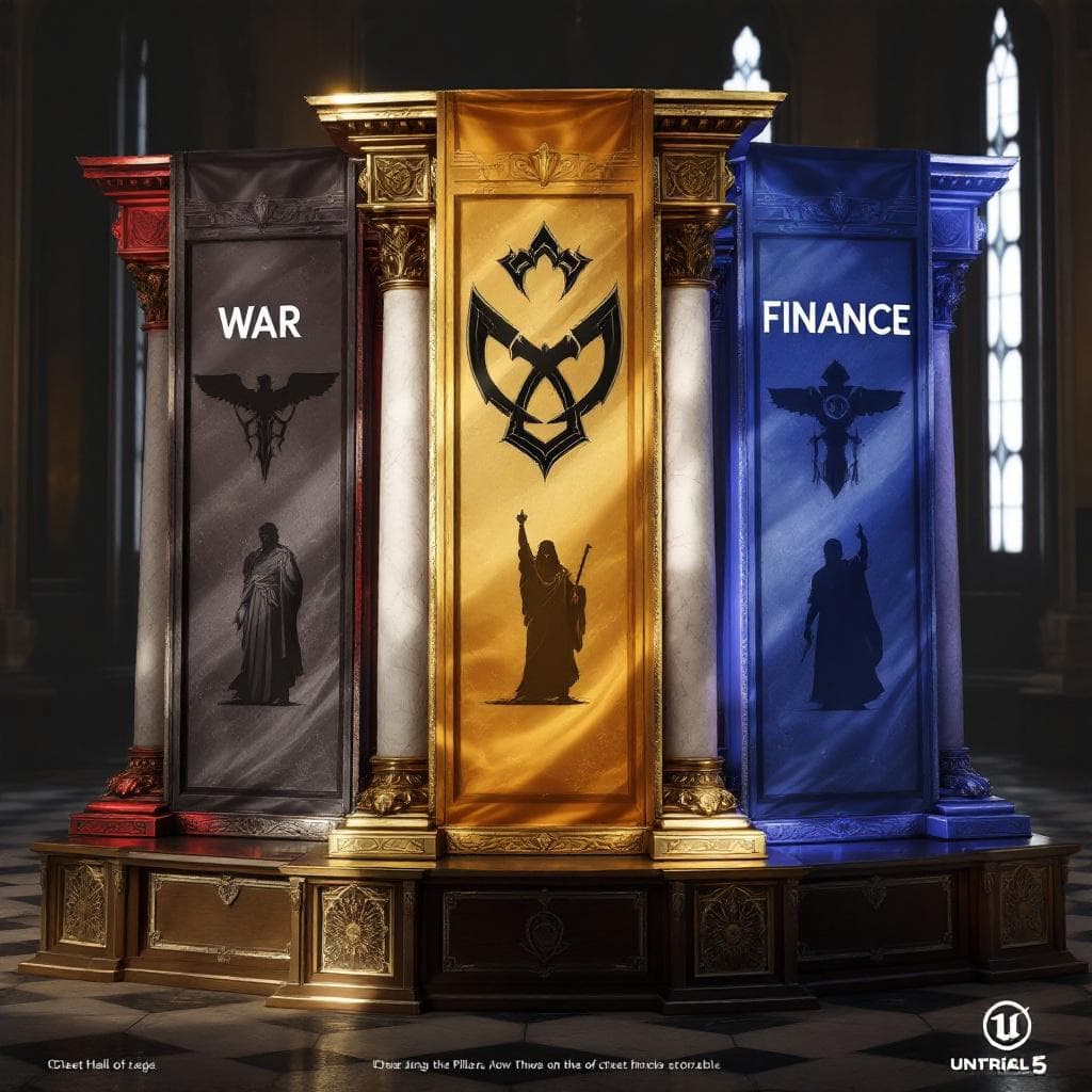 AI generated: The Three Pillars of Or’thiran Authority, WAR, TRADE, FINANCE Display 3 Pillars. Displayed in the Gr...