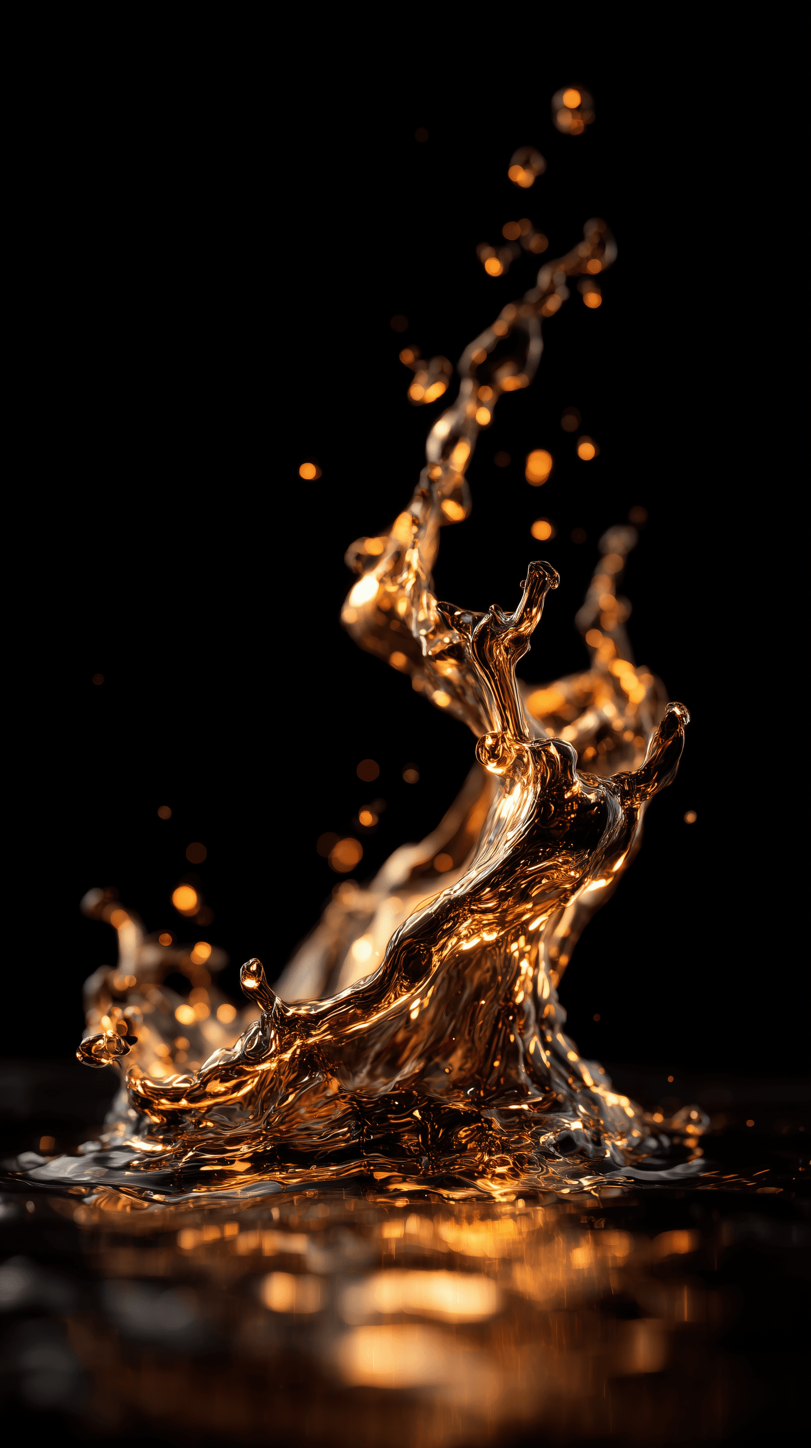 AI generated: macro shot, glowing molten copper, splashing in mid-air, intricate ripples, high viscosity, ray-trac...