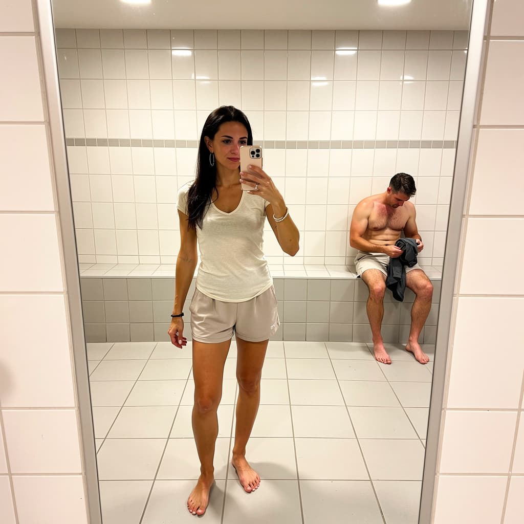 AI generated: The image appears to be a mirror selfie taken in a bathroom or dressing area with tiled floors and w...