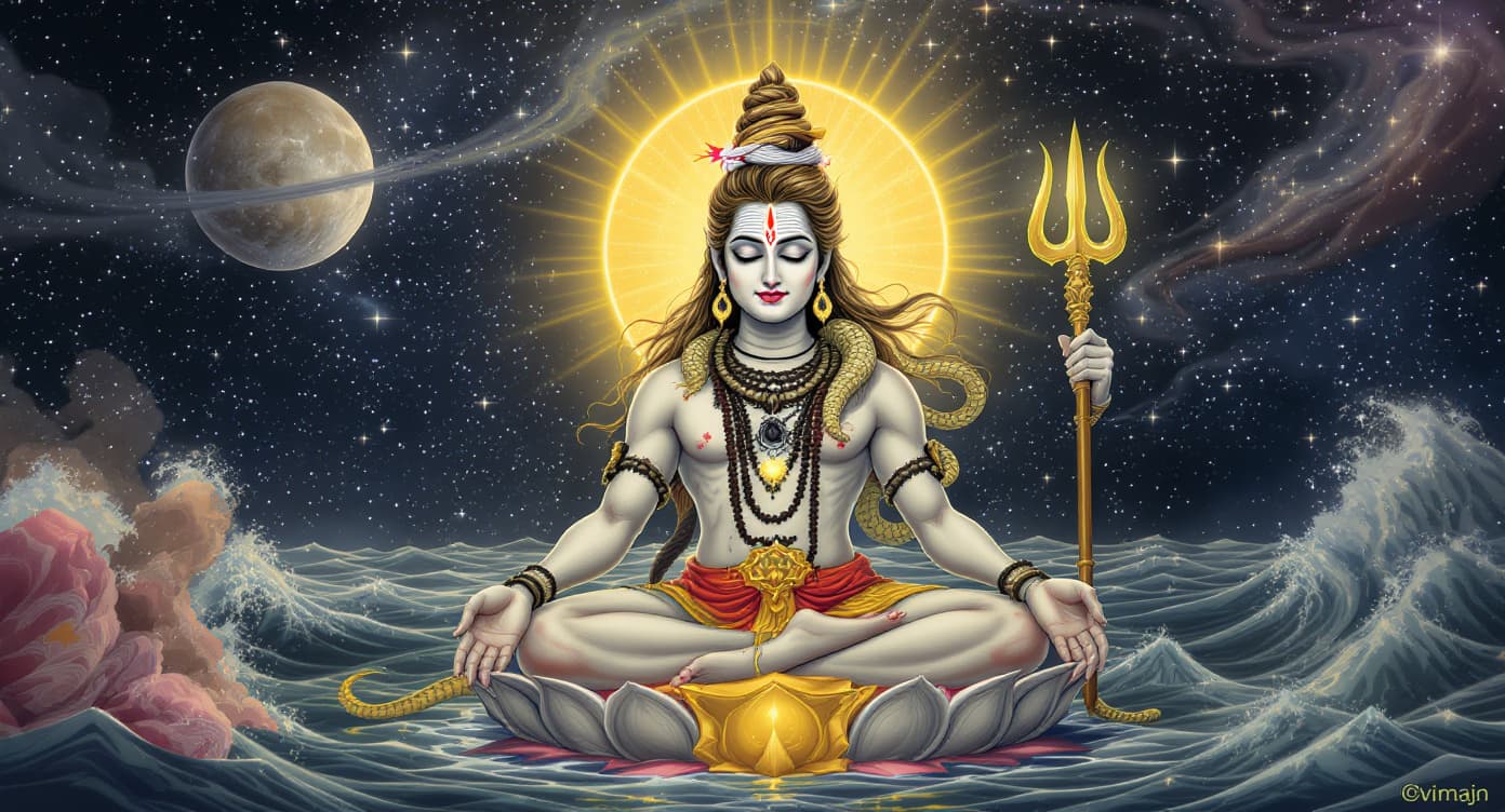 AI generated: Lord Shiva with LARGE COBRA SNAKE (Vasuki) coiled around his neck with hood expanded, THREE HORIZONT...
