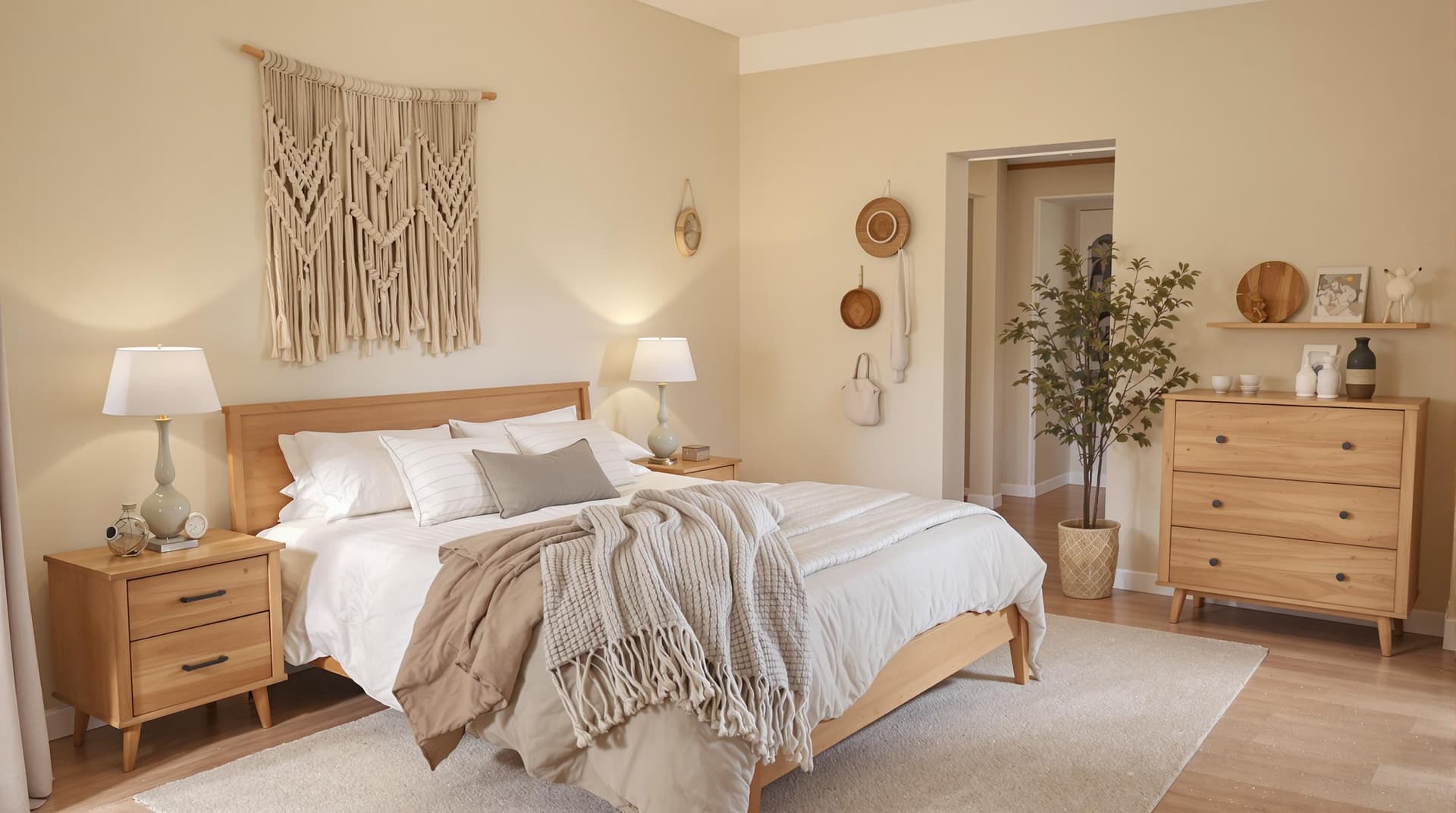 AI generated: A calming bedroom with Wabi-Sabi elements, featuring macram decor, beige walls, and natural wood fur...
