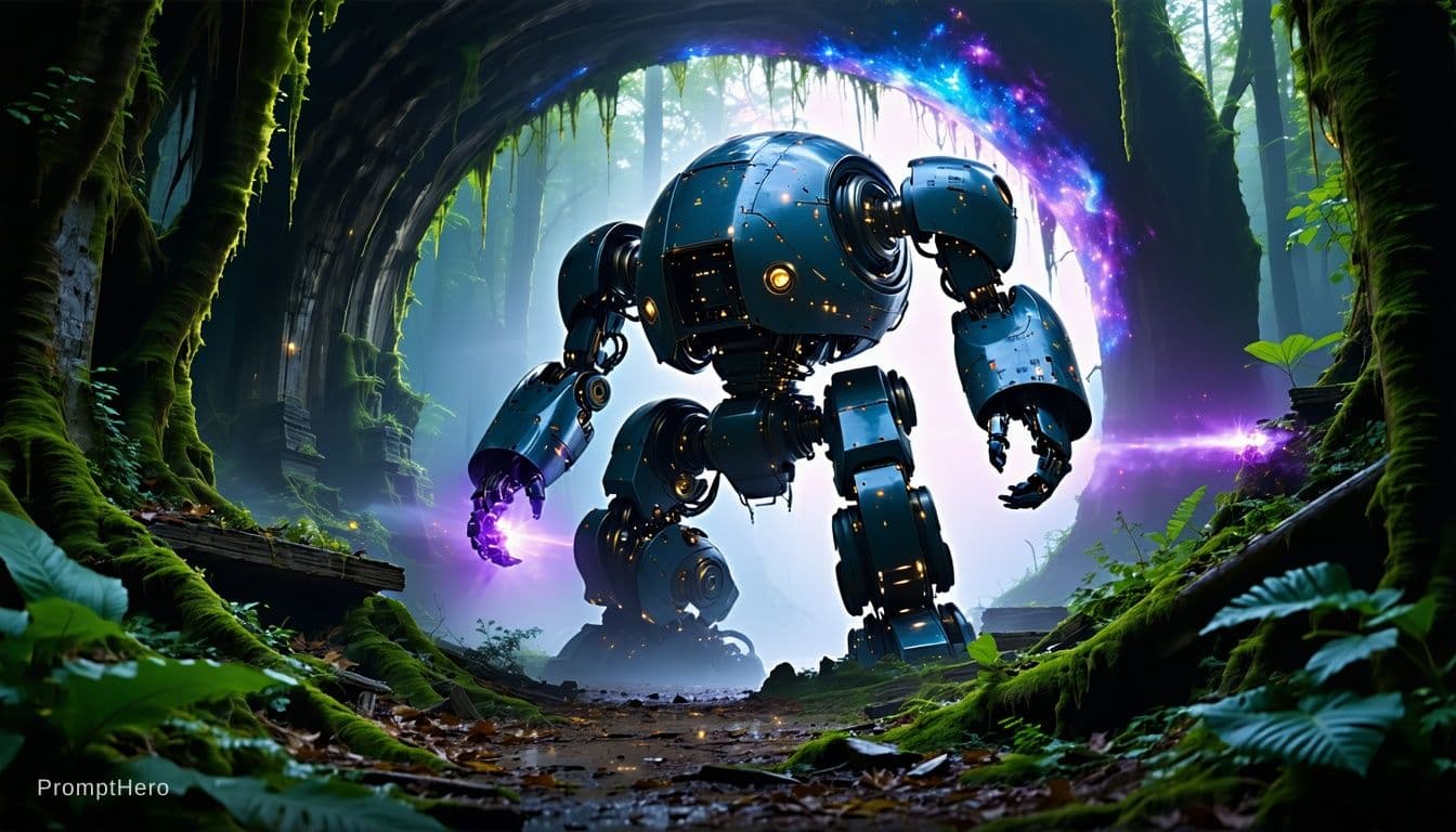AI generated: A massive combat robot inside a swirling time warp anomaly,gravitational lensing background, ancient...