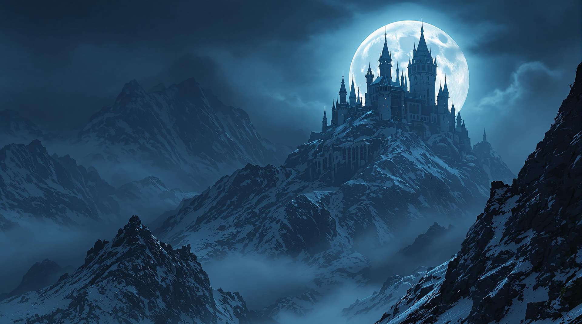 AI generated: gothic castle on mountain, seen from below, full moon, gloomy feeling of awe and vastness, high deta...