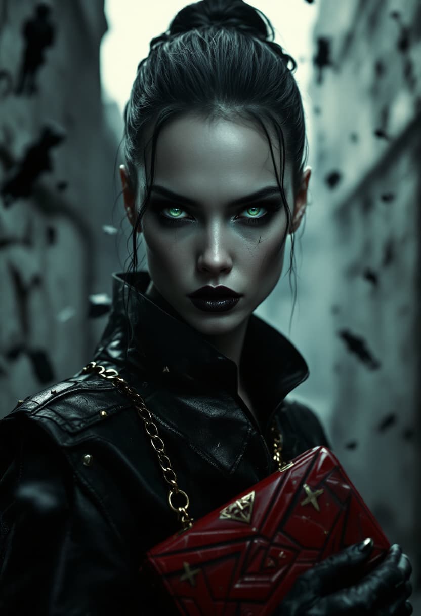 AI generated: A surreal, hyper-detailed close-up portrait of a mysterious woman staring directly into the camera w...