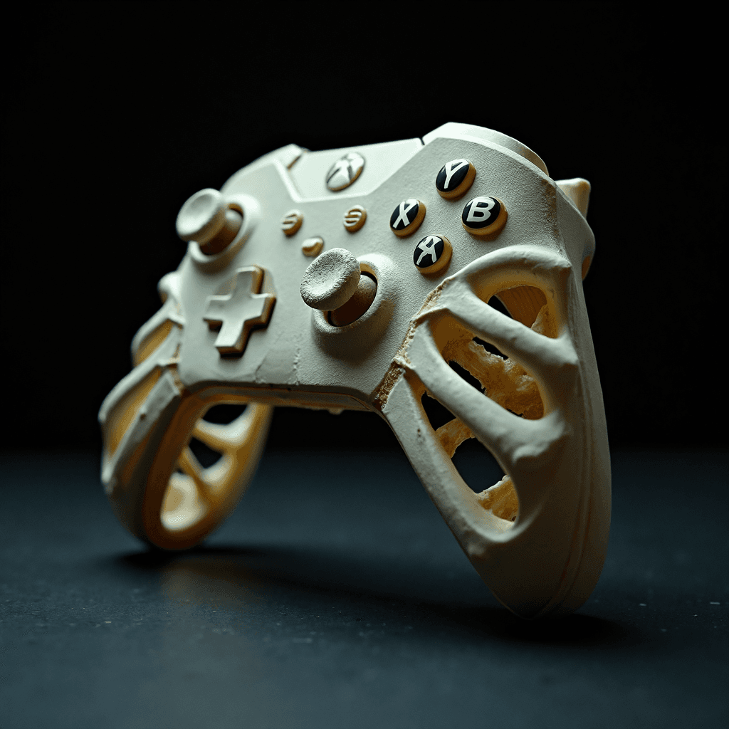 AI generated: In the dim light (Xbox controller)  made entirely from rib-like bones appears unnervingly delicate. ...