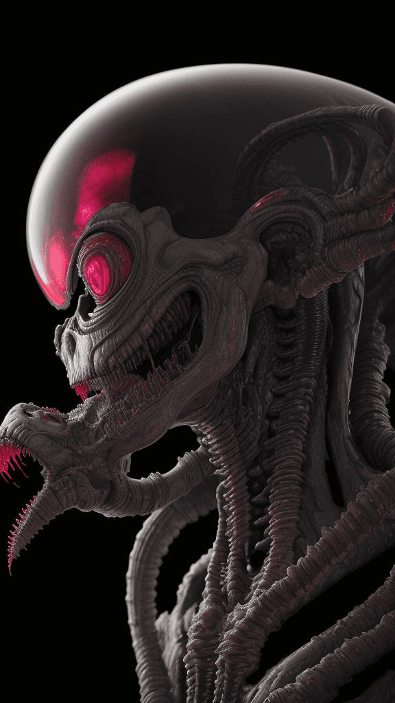 AI generated: a funky background in a complex bone frame a intimidating Xenomorph rfktrstyle 4d headshot looking a...