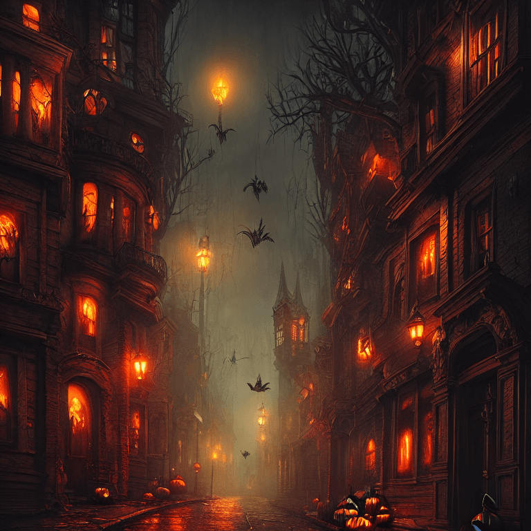 AI generated: Halloween Street, creepy haunted city streets, glowing windows, Hyperdetailed, dark fantasy, magic, ...