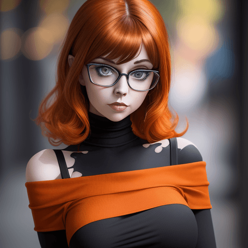 AI generated: 
professional portrait, goth girl, velma from scooby-doo, a girl wearing eye glasses and an orange t...