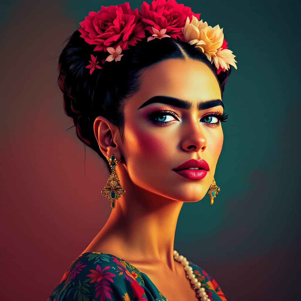 AI generated: Hawaiian artists, modern portrait series of Frida Kahlo in colorful wear, in the style of aggressive...